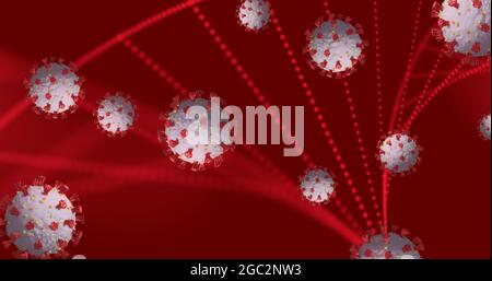 DNA-Struktur, die sich gegen Covid-19-Zellen auf rotem Hintergrund bildet Stockfoto