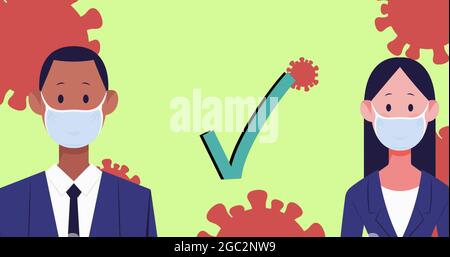 Geschäftsmann und Geschäftsfrau tragen Maskensymbole, die soziale Distanz gegen gelbe Hintermänner aufrechterhalten Stockfoto