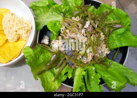 Sardine, grüne französische Bohnen, hausgemachte Salatblätter und brauner Reissalat mit kurzen Körnern auf Plate mit Tortilla-Chips Hummus auf Teller UK KATHY DEWITT Stockfoto