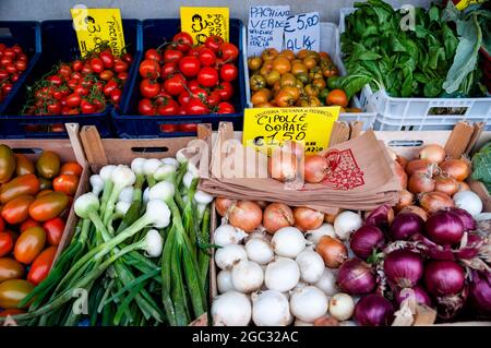 Zwiebeln am Frischkost-Stand in Anzio, Italien. Stockfoto