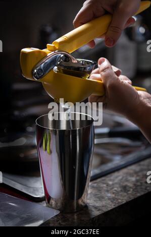 Person drückt Saft in Cocktail Shaker Stockfoto