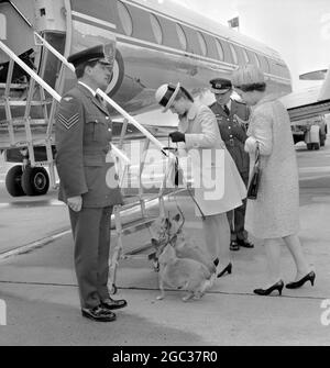 Königin Elizabeth II und ihre Tochter Prinzessin Anne am Flughafen Heathrow mit ihren Corgi-Hunden am 19. Mai 1969 Stockfoto