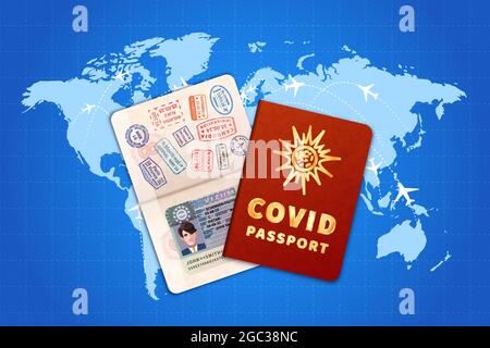 COVID-19 Impfpass mit EU-Visum auf der Weltkarte mit Fluglinien Stock Vektor