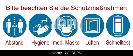 Hinweisschilder mit Schutzmaßnahmen gegen Covid-19. Text in deutscher Sprache: Bitte beachten Sie die Schutzmaßnahmen. Entfernung, Hygiene, med. Maske, lüften Stock Vektor