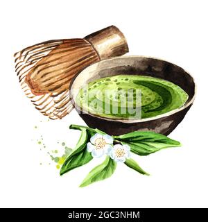 Bio Green Matcha Tee Zeremonie. Aquarell handgezeichnete Illustration isoliert auf weißem Hintergrund Stockfoto