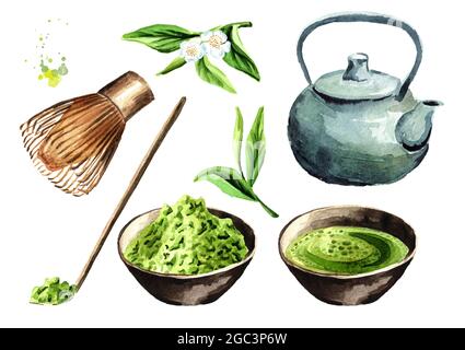 Teezeremonie-Set. Matcha-Pulver, Teekannen, Tasse traditioneller Bio-grüner Matcha, Bambusbesen, Holzlöffel. Aquarell handgezeichnete Illustration, i Stockfoto