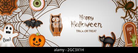 Fröhliches halloween-Banner mit Lebkuchenplätzchen und Spinnweben Stock Vektor