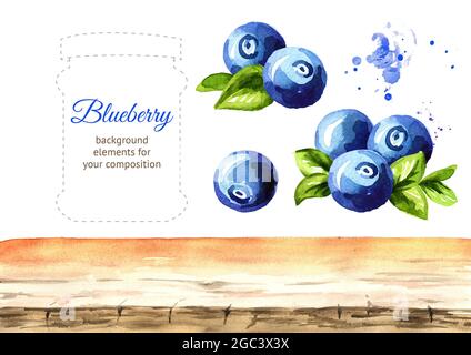 Blaubeere Hintergrundelemente. Aquarell handgezeichnete Illustration, isoliert auf weißem Hintergrund Stockfoto
