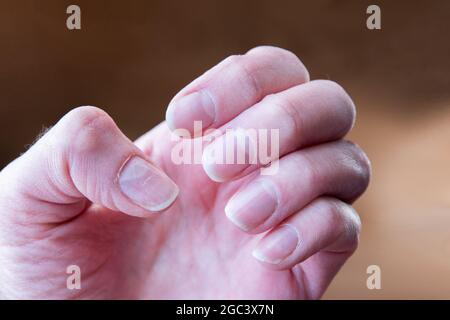 Nahaufnahme der weiblichen Hand mit langen rohen Nägeln auf orangefarbenem Hintergrund. Stockfoto