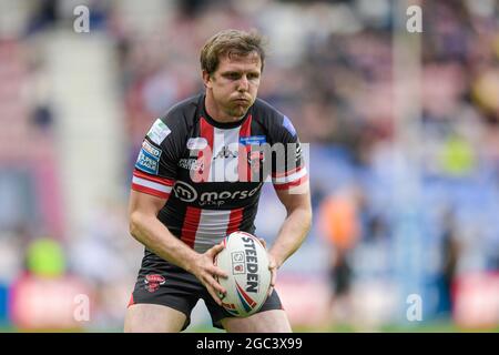 Wigan, Großbritannien. August 2021. Dan Sarginson (23) von Salford Red Devils am 8/6/2021 in Wigan, Großbritannien, im Einsatz. (Foto von Simon Whitehead/News Images/Sipa USA) Quelle: SIPA USA/Alamy Live News Stockfoto