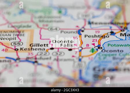 Oconto Falls Wisconsin USA auf einer Straßenkarte oder Geographie-Karte angezeigt Stockfoto