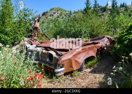 Mount St. Helens, WA, USA - 04. August 2021; Überreste eines Minenwagens, der beim Vulkanausbruch Mount St. Helens 1980 zertrümmert wurde Stockfoto