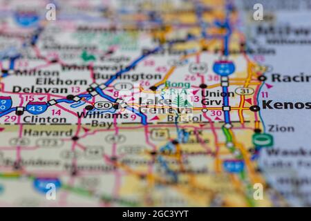 Lake Geneva Wisconsin USA auf einer Straßenkarte oder Geografie-Karte angezeigt Stockfoto