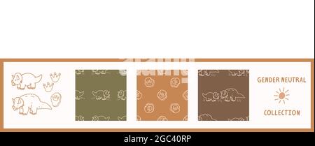 Nahtloser Hintergrund Triceratops Dinosaurier Satz von 3 Mustern mit Motiv. Skurrile minimal erdig 2 Ton Farbe. Kinder Kinderzimmer Tapete oder Boho Cartoon Stock Vektor