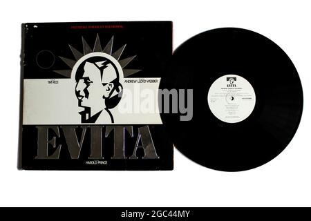 Evita ist ein Musical mit Musik von Andrew Lloyd Webber und Texten von Tim Reis. Auf Vinyl-Schallplatte. Albumcover, Broadway Stockfoto