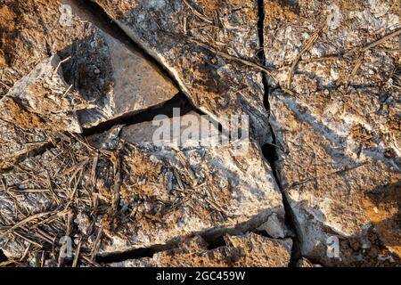 Tiefe Risse im Boden als Symbol für heißes Klima und Dürre. Stockfoto