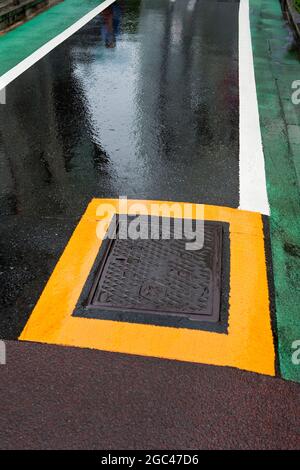 Leuchtend gelbe Farbe auf einer verregneten Straße in Omotesando, Tokio, Japan Stockfoto