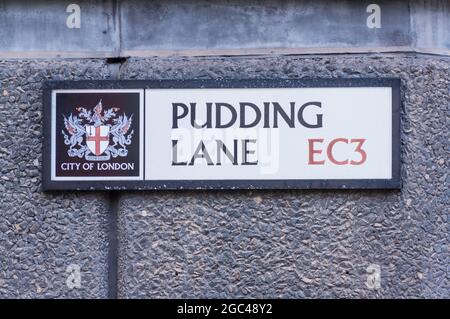 Pudding Lane EC3 der historische Londoner Brand von 1666 begann hier in einer Bäckerei Stockfoto