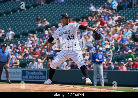 August 5 2021:Colorado Rockies Pitcher Antonio Senzatela ((52) wirft ein Feld während des Spiels mit Colorado Rockies im Coors Field in Denver Co. David Seelig/Cal Sport Medi Stockfoto