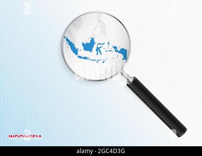 Lupe mit Landkarte Indonesiens auf abstraktem topographischen Hintergrund. Vektorkarte. Stock Vektor
