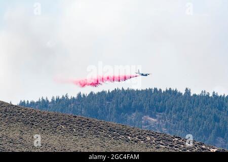 Air National Guard C-130, MAFFS 9, aus Reno, Nev. Fällt beim Feuer des Beckwourth-Komplexes am 9. Juli 2021 in der Nähe des Frenchman Lake in Nordkalifornien hemmendes Feuer hemmend aus. Viele Ressourcen, darunter die drei Air National Guard C-130s - zwei aus Nevada und eine aus Kalifornien werden bei der Bekämpfung des Beckwourth Complex Fire in Nordkalifornien helfen. Die mit der Air Force C-130 MAFFS ausgerüsteten Flugzeuge, wie vom National Interagency Fire Center gefordert und vom Verteidigungsminister genehmigt, bieten einzigartige Löschkapazitäten. Das Verteidigungsministerium leistet über den Kommandanten des US Northern Command (USNORTHCOM) Unterstützung Stockfoto