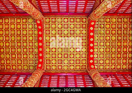 LAMPANG, THAILAND - 8. MAI 2019: Die Holzdecke des Wat Phrao Viharn von Wat Phra, die Lampang Luang am Mai mit vergoldeten Blumenmustern verziert ist Stockfoto