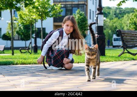 Mädchen in Uniform und mit Rucksack spielen mit einer streunenden Katze auf der Straße Stockfoto