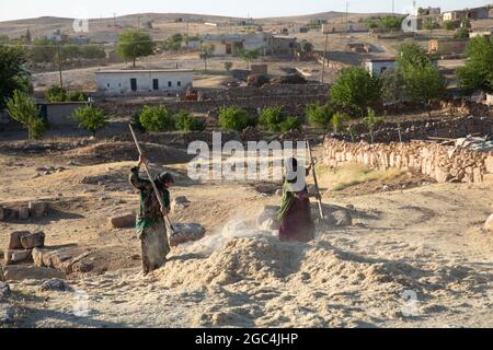 Dorffrauen arbeiten in den Ruinen der historischen Stadt Shuayip, bekannt als Dorf Ozkent, was dem Propheten Shuayb gemunkelt wird. Stockfoto