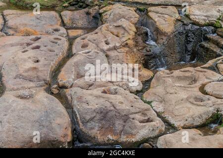 Alte Flussbettschnitzungen genannt Fuente de Lavapatas im archäologischen Park in San Agustin, Kolumbien Stockfoto