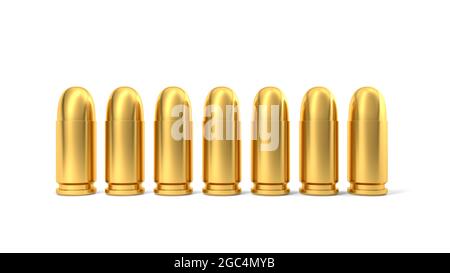 9-mm-Kugeln auf weißem Hintergrund isoliert. 3d-Illustration. Stockfoto