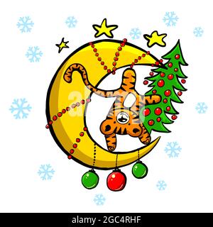 Eine fröhliche Tigerfamilie. Weihnachtskarte. Tiger mit einem Weihnachtsbaum. Familienlook. Netter Zirkus Performer Tiger. Vektorgrafik Stock Vektor