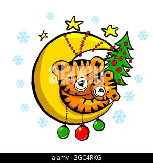 Eine fröhliche Tigerfamilie. Weihnachtskarte. Tiger mit einem Weihnachtsbaum. Familienlook. Mama mit einem Kind. Vektorgrafik Stock Vektor