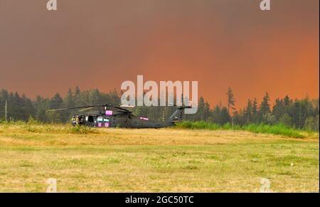 Am 8. September 2020 steht auf dem Mulino State Airport in der Nähe von Mulino, Oregon, ein Hubschrauber der Army National Guard UH-60M Black Hawk mit Gulf Company, 1. Bataillon, 189. Aviation Regiment bereit. Hubschrauber der Oregon Guard wurden gerufen, um staatliche und lokale Beamte zu unterstützen, da beispiellose Feuerbedingungen Evakuierungen im ganzen Staat zwangen. Die rosa Paneele am Hubschrauber werden während der Waldbrandsaison hinzugefügt, wodurch es einfacher wird, sie unter den Bäumen zu sehen. Seit Mitte August haben Wachhubschrauber bei den Waldbränden in Oregon mehr als 22,000 Gallonen Wasser abgeworfen. Stockfoto