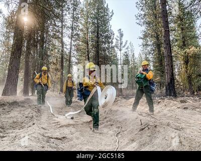 Oregon Army National Guard Soldier Pfc. Iverson Halles wirft eine 100 Meter lange Rolle eines Löschschlauchs aus, um eine mehr als eine Meile lange Wasserversorgung zu vervollständigen. Die Linie wird verwendet, um abgelegene Bereiche der zwei vier zwei Brände in der Nähe von Chiloquin, Oregon, mit Wasser zu versorgen, um den Wischbetrieb im September 18 zu unterstützen. Rund 1000 Mitglieder der Oregon Guard unterstützen die Brandbekämpfung sowohl mit der Luft- als auch mit der Bodenbesatzung, zusätzlich unterstützen sie die County Liaison Teams und die Oregon State Police sowohl mit Verkehrskontrollpunkten als auch mit Such- und Rettungseinsätzen für Todesopfer. Stockfoto