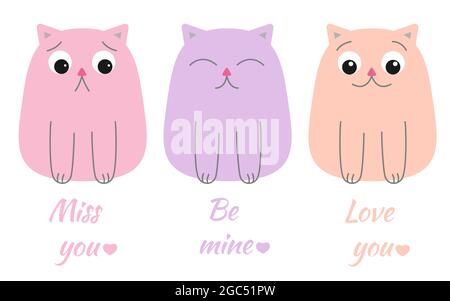 Katzen sind süß, fett, Pastellfarben mit Inschriften, ich vermisse dich, sei mein, liebe dich. Traurige und lustige Gesichter von Kätzchen. Flacher Style. Grußkarte zum Valentinstag. Vektorgrafik Stock Vektor