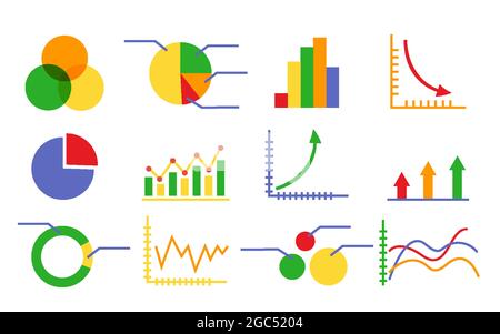 Grafiken, Marketingdiagramme, Business-Infografiken, verschiedene Diagramme, Präsentationsvorlagen und Finanzanalysesets. Vektor flach bunte Symbole Sammlung isoliert auf weißem Hintergrund Stock Vektor