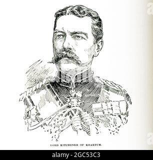 Die Bildunterschrift zu dieser Illustration von 1903 in Gaston Masperos Buch über die Geschichte Ägyptens lautet: „Lord Kitchner of Khartum“. Feldmarschall Horatio Herbert Kitchener (1850-1916) war berühmt für Kolonialsiege im Sudan und Südafrika. Als Oberbefehlshaber der ägyptischen Armee rettete er Khartum 1898 nach einer zweijährigen Schlacht vor den Derwischen des Sudan. Kitchener wurde 1898 durch den Sieg in der Schlacht von Omdurman und die Sicherung der Kontrolle über den Sudan berühmt, danach erhielt er den Titel „Lord Kitchener of Khartoum“. Später half er beim Aufbau der ersten britischen Massenarmee und wurde zur Fac Stockfoto