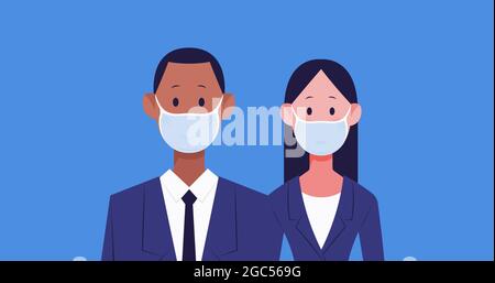 Männer- und Frauensymbole tragen Gesichtsmasken und bewahren die soziale Distanz zu lächelnden Gesichts-Emojis Stockfoto