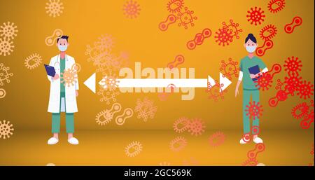 Covid-19-Zellsymbole gegen männliche und weibliche Ärzte, die Gesichtsmaske tragen und soziale Distanzierungen aufrechterhalten Stockfoto