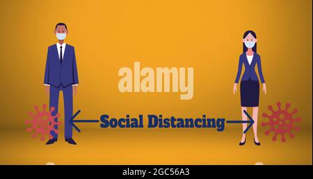 Covid-19 Zellsymbole gegen Männer- und Frauensymbole mit Gesichtsmasken, die soziale Distanzierung aufrechterhalten Stockfoto