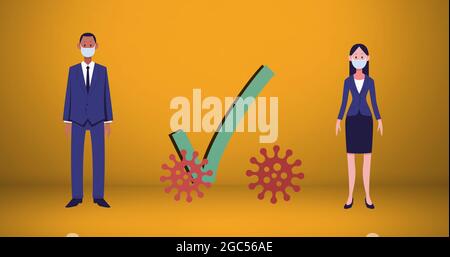 Covid-19 Zellsymbole gegen Männer- und Frauensymbole mit Gesichtsmasken, die soziale Distanzierung aufrechterhalten Stockfoto