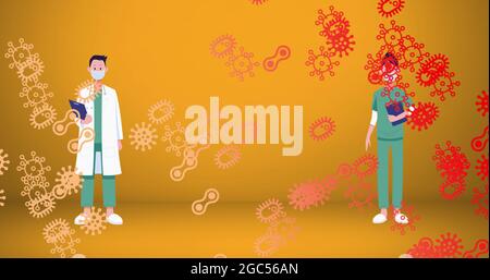 Covid-19-Zellsymbole gegen männliche und weibliche Ärzte, die Gesichtsmaske tragen und soziale Distanzierungen aufrechterhalten Stockfoto