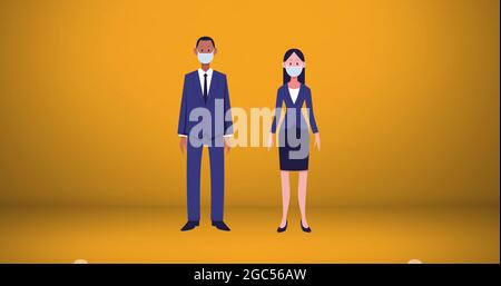 Covid-19 Zellsymbole gegen Männer- und Frauensymbole mit Gesichtsmasken, die soziale Distanzierung aufrechterhalten Stockfoto