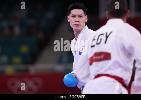 Tokio, Japan. August 2021. Tokio, Japan. August 2021. Ken Nishimura (JPN) Karate: Männer-Kumite-75 kg Ausscheidungsrunde während der Olympischen Spiele in Tokio 2020 im Nippon Budokan in Tokio, Japan . Kredit: Naoki Nishimura/AFLO SPORT/Alamy Live Nachrichten Gutschrift: Aflo Co. Ltd./Alamy Live Nachrichten Stockfoto