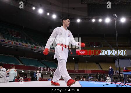 Tokio, Japan. August 2021. Tokio, Japan. August 2021. Ken Nishimura (JPN) Karate: Männer-Kumite-75 kg Ausscheidungsrunde während der Olympischen Spiele in Tokio 2020 im Nippon Budokan in Tokio, Japan . Kredit: Naoki Nishimura/AFLO SPORT/Alamy Live Nachrichten Gutschrift: Aflo Co. Ltd./Alamy Live Nachrichten Stockfoto