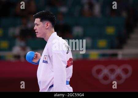 Tokio, Japan. August 2021. Tokio, Japan. August 2021. Ken Nishimura (JPN) Karate: Männer-Kumite-75 kg Ausscheidungsrunde während der Olympischen Spiele in Tokio 2020 im Nippon Budokan in Tokio, Japan . Kredit: Naoki Nishimura/AFLO SPORT/Alamy Live Nachrichten Gutschrift: Aflo Co. Ltd./Alamy Live Nachrichten Stockfoto