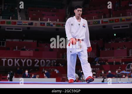 Tokio, Japan. August 2021. Tokio, Japan. August 2021. Ken Nishimura (JPN) Karate: Männer-Kumite-75 kg Ausscheidungsrunde während der Olympischen Spiele in Tokio 2020 im Nippon Budokan in Tokio, Japan . Kredit: Naoki Nishimura/AFLO SPORT/Alamy Live Nachrichten Gutschrift: Aflo Co. Ltd./Alamy Live Nachrichten Stockfoto