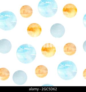 Aquarell handgezeichnetes nahtloses Muster mit blau orange beigen Kupferpolka dor runden Kreisen. Weiche natürliche Farben Pastell Hintergrund Design, Himmel Gras Stockfoto