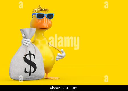 Niedliche gelbe Cartoon Ente Person Charakter Maskottchen mit gebunden Rustikale Leinwand Leinen Geld Sack oder Geldbeutel mit Dollar-Zeichen auf einem gelben Hintergrund. 3d-Ren Stockfoto