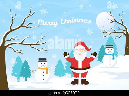 Frohe Weihnachten, nette Cartoon Santa Claus Hintergrund Vektor-Illustration und Freunde mit Snow man, einige Geschenke. Für Landing Page Im Flat Style Design Stock Vektor